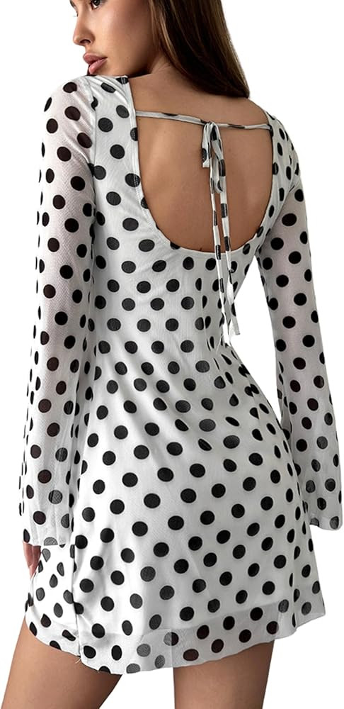 WDIRARA Women's Vintage Polka Mesh Dress Bell Long Sleeve Tie Backless Retro Mini Dresses | Amazon (US)