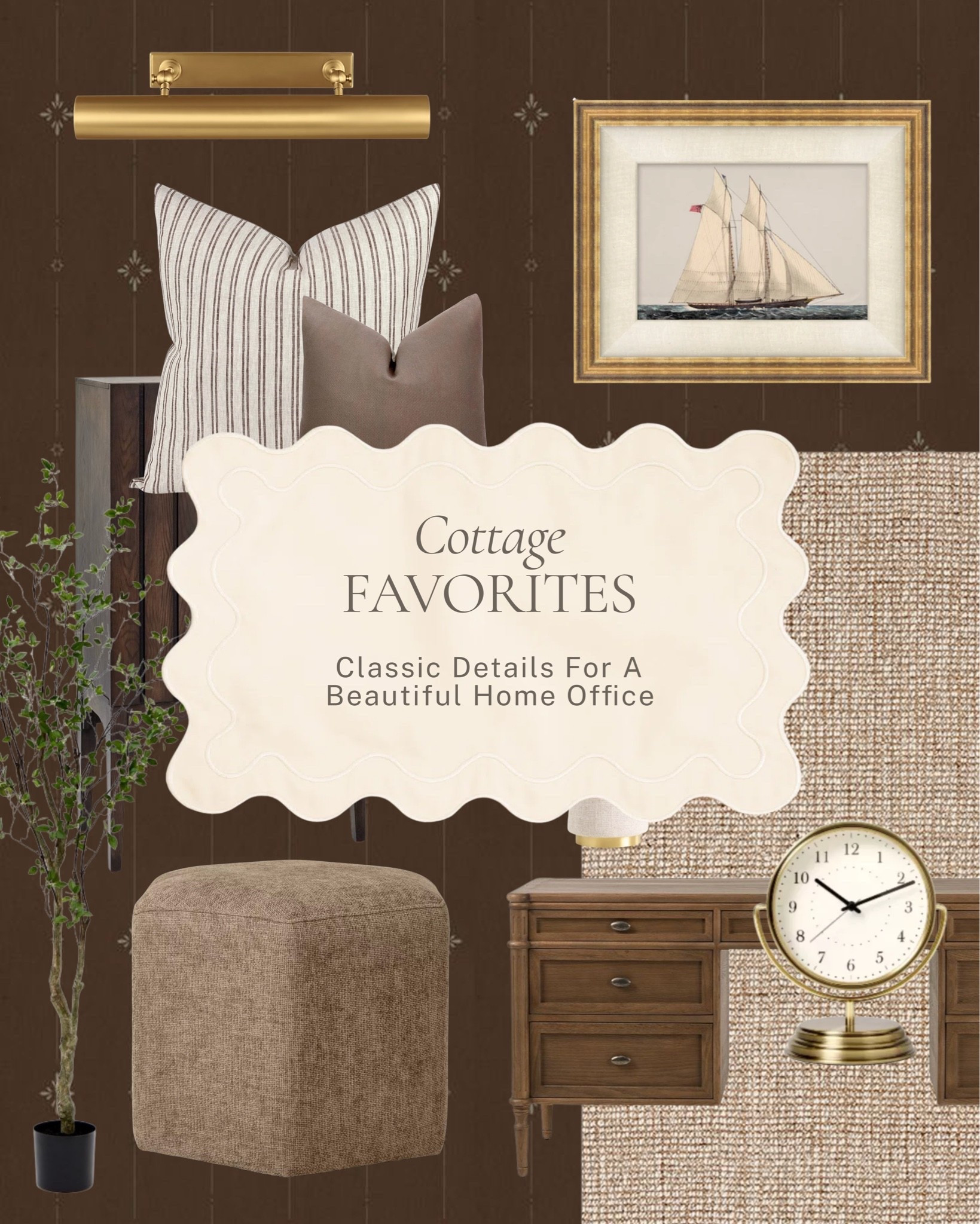 A home office that feels as good to work in as it looks ✨ 

A warm wood desk, a linen ottoman, a brass picture light, a nautical framed print, ticking stripe pillows, a classic brass clock, and a natural fiber rug that grounds the whole space. 

All linked here 🤍 

#LTKhome