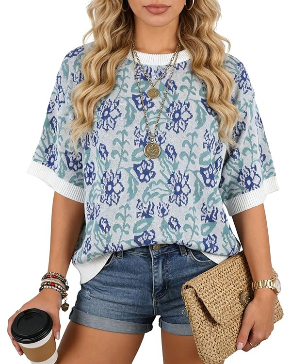 Women's Short Sleeve Floral Sweater Loose Casual Boho Crewneck Knit Pullover Top 2026 Summer Shirt | Amazon (US)