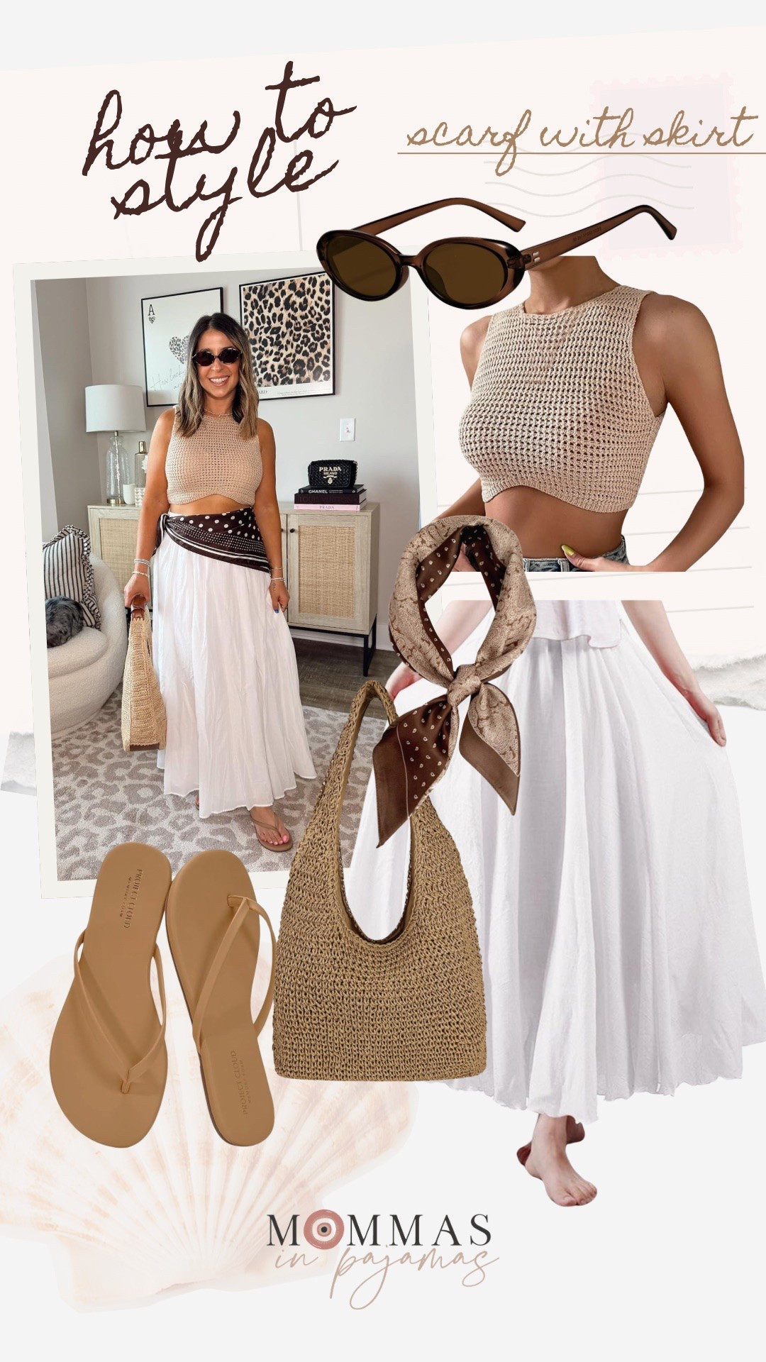 One of my favorite trends this summer has to be scarves as a belt with skirts. I’ve had so much fun dressing up my outfits with adorable silk scarves and this deep brown scarf is stunning with this beige crochet tank top and white maxi skirt. Pairing it with neutral flip flop sandals and the most stunning raffia handbag create the perfect summer look. 
How to style scars, silk scare styling tips, boho summer outfit inspo

#LTKSeasonal #LTKPetite #LTKMidsize