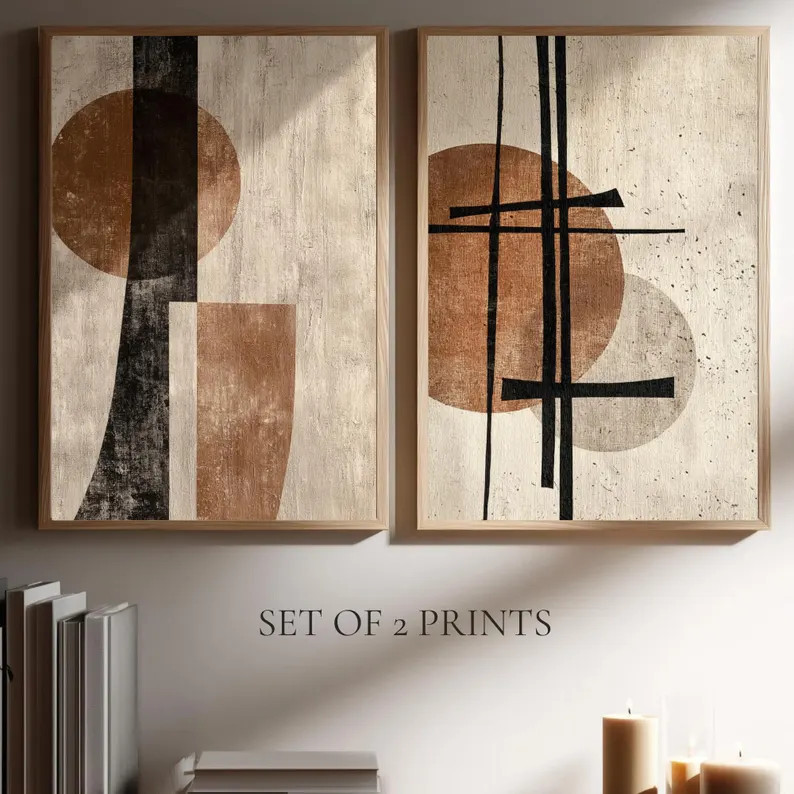 Abstract Wall Art Set of 2, Neutral Terracotta Prints, Modern Japandi Wall Decor, Minimalist Geom... | Etsy (Global)