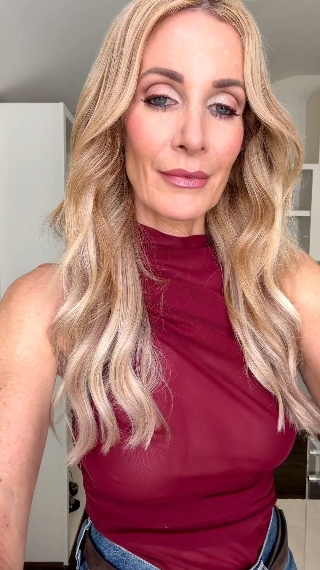 Easy date night outfit idea for fall: a stunning burgundy top that’s ON SALE paired with leg-lengthening wide-leg jeans! Add heels, a sleek belt, and a coordinating bag for an effortlessly chic finish. I’m wearing an XS in the top and a size 24 in the jeans. #DateNightStyle #FallOutfit 

#LTKOver40#LTKSeasonal#LTKOver40 

 

#LTKootd #LTKootd