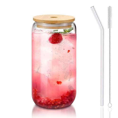 DAMCONME Glass Cups with Lids and Straws 1Pack,Glass Coffee Cups,Glass Cup with Lid for Iced Coffee,Smoothie,Cocktail,Beer,Whiskey,Soda,Matcha,16 Oz Glass Cup with Bamboo Lid,1 Brush | Amazon (US)