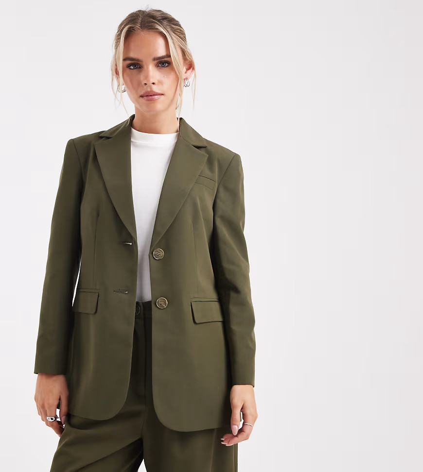 Miss Selfridge Petite cinched blazer in olive-Blue | ASOS (Global)