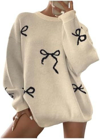 SOLY HUX Oversized Sweaters for Women Y2k Bow Print Crew Neck Drop Shoulder Long Sleeve Knit Pull... | Amazon (US)