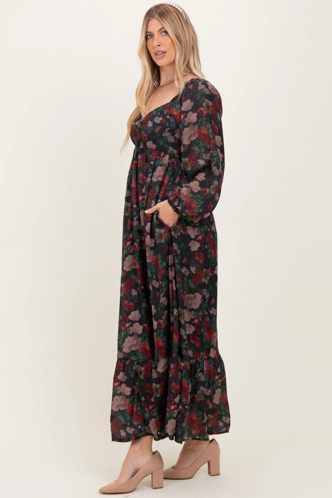 Black Floral Long Balloon Sleeve Sweetheart Neck Maxi Dress | PinkBlush Maternity