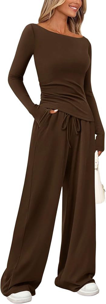 PRETTYGARDEN Women's 2 Piece Lounge Sets Asymmetrical Long Sleeve T Shirt Wide Leg Pants Casual O... | Amazon (US)