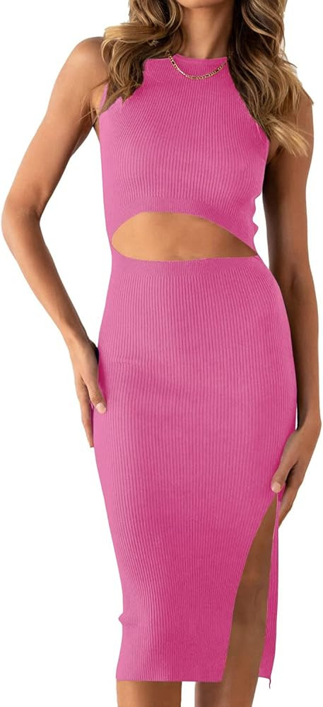PRETTYGARDEN Women's Summer Midi Bodycon Dresses Casual Crew Neck Side Slit Sleeveless Knit Cut O... | Amazon (US)
