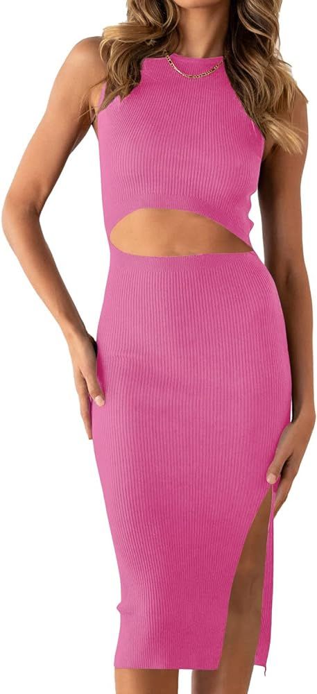PRETTYGARDEN Women's Summer Midi Bodycon Dresses Casual Crew Neck Side Slit Sleeveless Knit Cut O... | Amazon (US)
