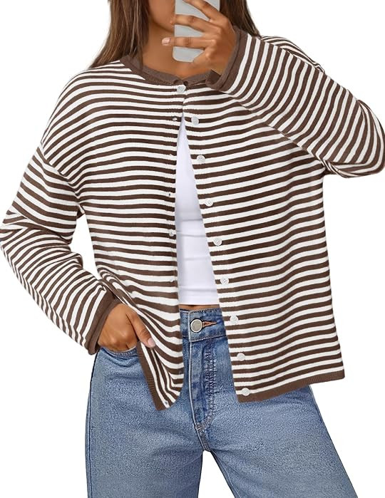 MEROKEETY Striped Cardigan Sweaters for Women Trendy Button Fall Sweater | Amazon (US)