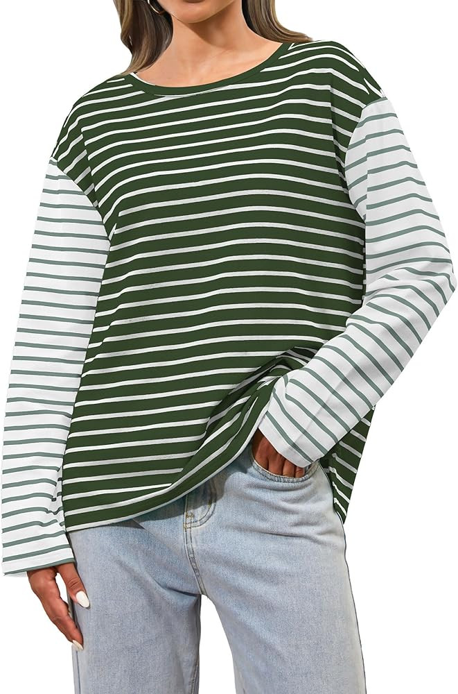 Womens Striped Long Sleeve Shirts 2024 Casual Crew Neck Oversized Sweatshirt Color Block Loose Fi... | Amazon (US)