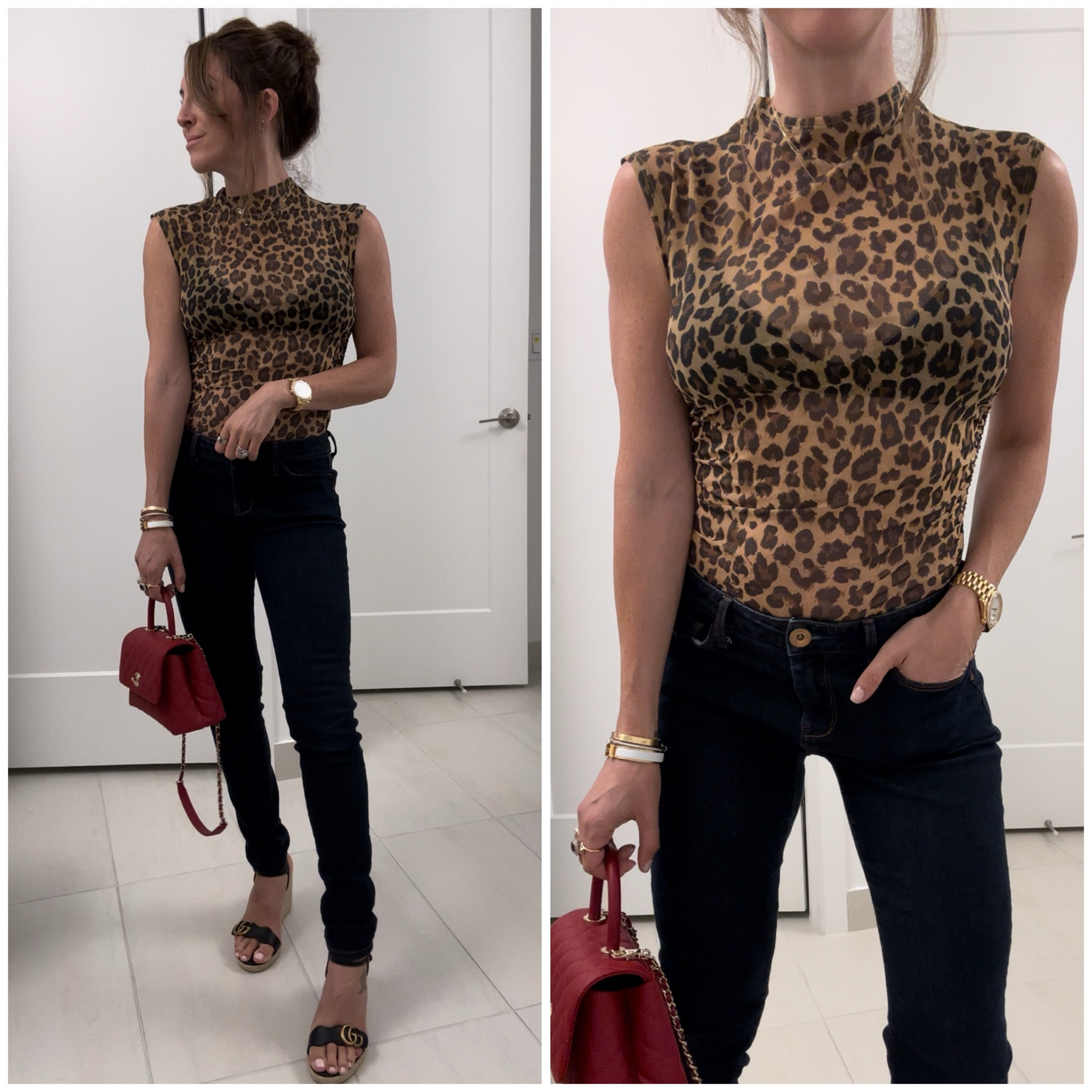 I’m not one for animal prints OR for trends, but leopard is very in right now, and this mesh shirt was straight fire, so I had to bite! And if I am going to wear animal print, you know red has to be there somewhere too 👌🏼

Jeans are banana republic, and all their slim fit jeans are on sale right now. 

Leopard mesh mock neck tank, dark wash jeans, Gucci wedges, red chanel small coco handle 

#LTKShoeCrush #LTKStyleTip #LTKFindsUnder100