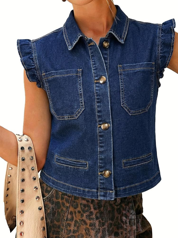 Women's Casual Denim Vest Sleeveless Ruffle Cuffed Cropped Jacket Tops 2026 | Amazon (US)