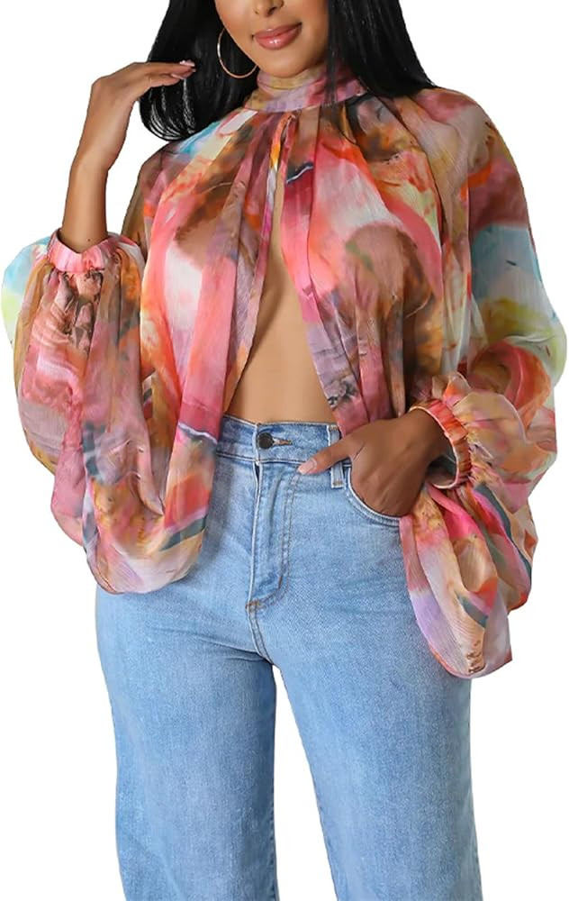 Ophestin Womens Print Sexy Open Back Sheer Chiffon Balloon Sleeve Shirt Blouse Tops Coverup | Amazon (US)