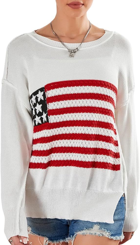 Women American Flag Sweater Loose Vintage USA Sweatshirt Long Sleeve Crewneck Hollow Out 4th of J... | Amazon (US)