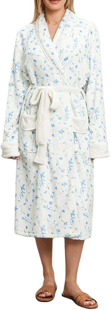 Long Fleece Robe Women Cute Print Long Sleeve Shawl Collar Side Pockets Bathrobe Plush Warm Fuzzy... | Amazon (US)