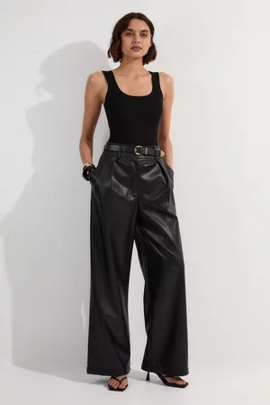 Faux Leather High Waisted Wide Leg Trousers | Karen Millen UK + IE + DE + NL
