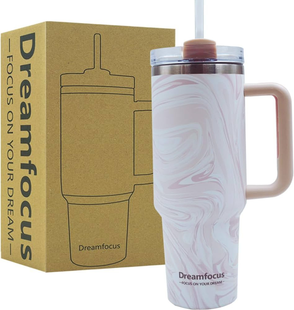 Dreamfocus 40 oz Rose Quartz Swirl Tumbler with Handle Straw and Lid Insulated Water Bottles Stai... | Amazon (US)