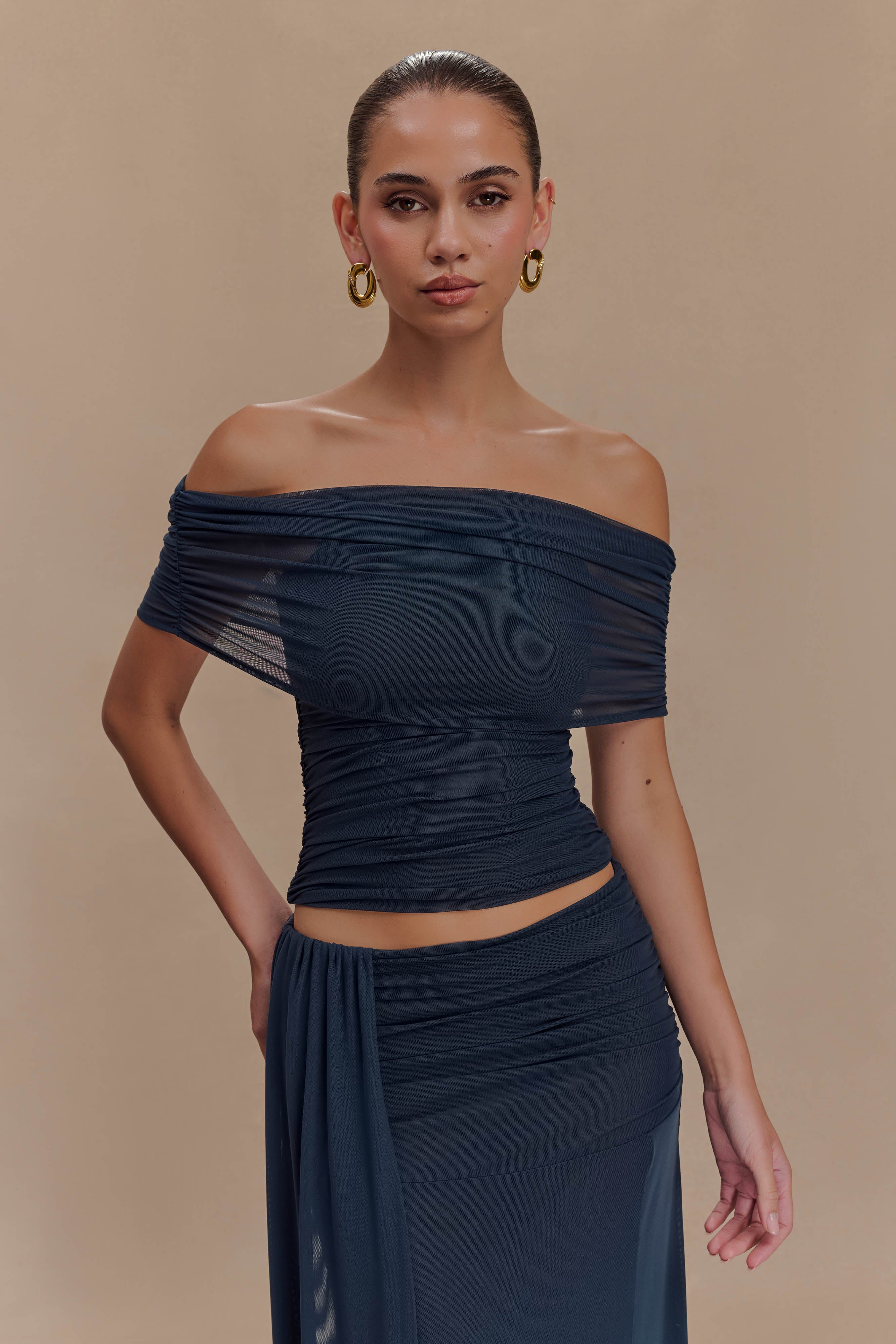Arna Off Shoulder Mesh Crop Top - Midnight Blue | MESHKI US