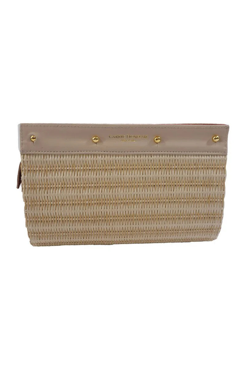 Lizzie Reversible Pink and White Chevron Reversing Tan Woven Raffia Clutch Cover | CARRIE DUNHAM