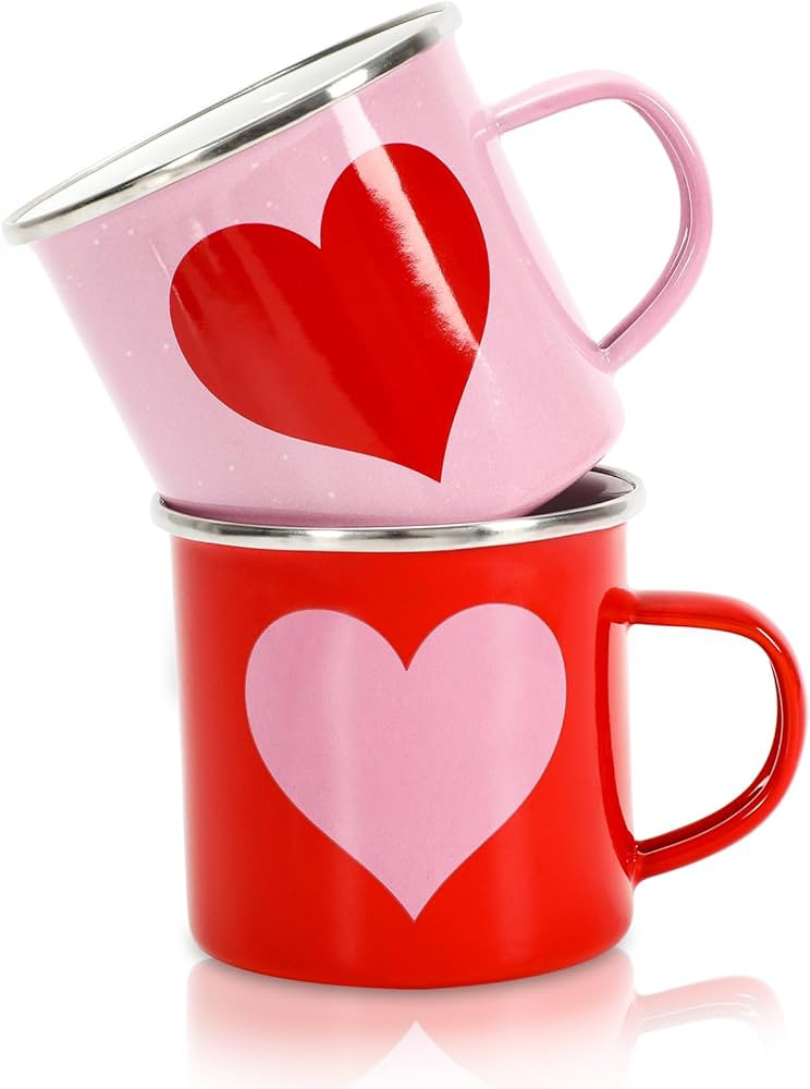 Whaline 2Pcs Valentine's Day Enamel Mug Set Red Pink Heart Coffee Mug Love Heart Drinking Cups fo... | Amazon (US)