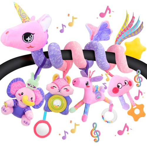 Zendstanding Musical Car Seat Toy for Babies 0-12 Months Girl, 5-in-1 Sensory Activity Hanging Toy Stroller Toy with Soothing Music, Rattle, Mirror for Newborn Infants Essential Gifts, Unicorn | Amazon (US)