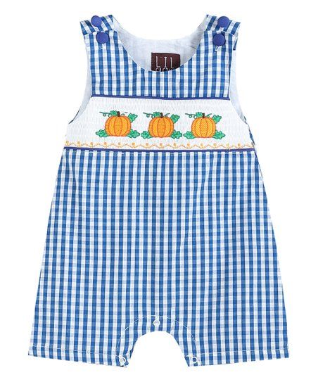 love this productRoyal Blue Gingham Pumpkin Smocked Shortalls - Infant & Toddler | Zulily