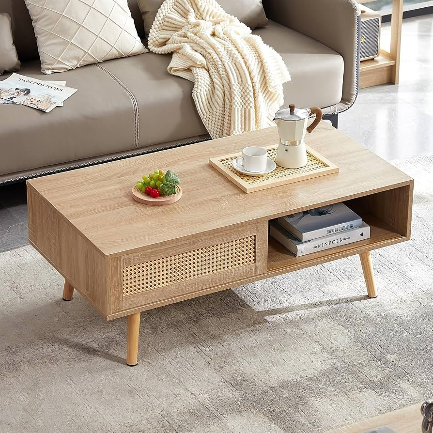Vliekcy Rattan Coffee Table, 40.3" Mid Century Modern Coffee Table with Storage, Farmhouse Rectan... | Amazon (US)