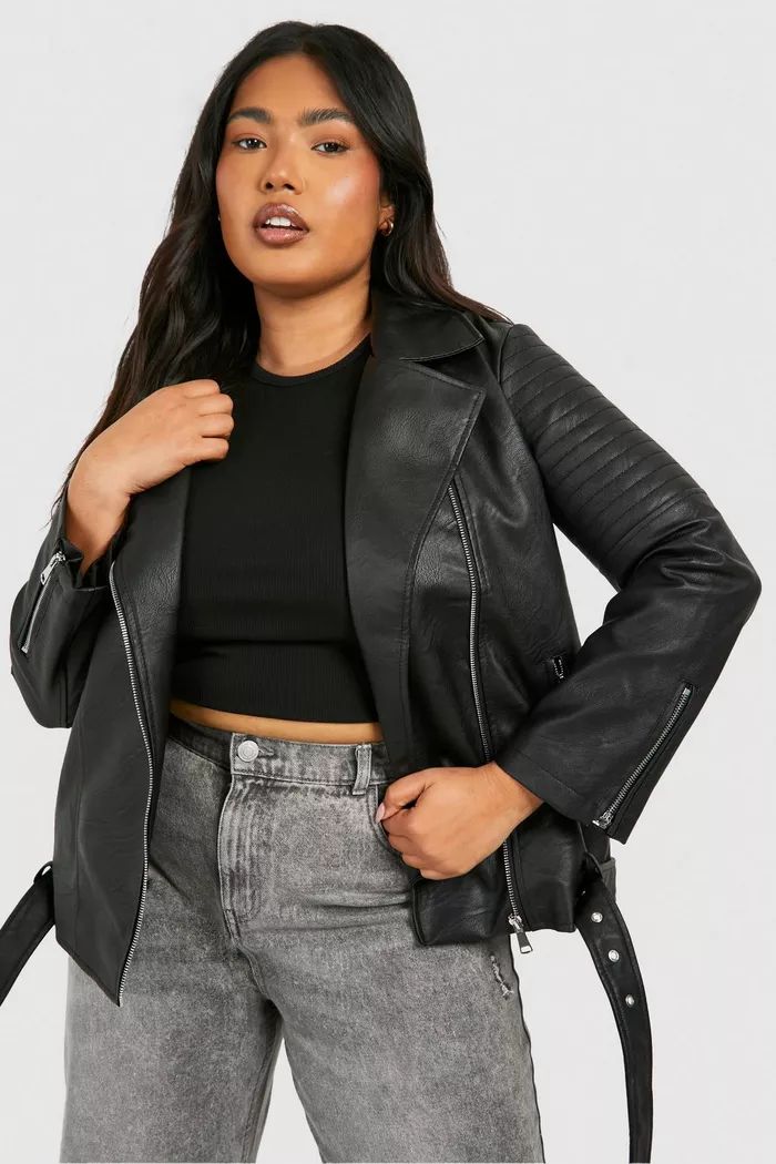 Plus Belted Faux Leather Pu Moto Jacket | boohoo (US & Canada)