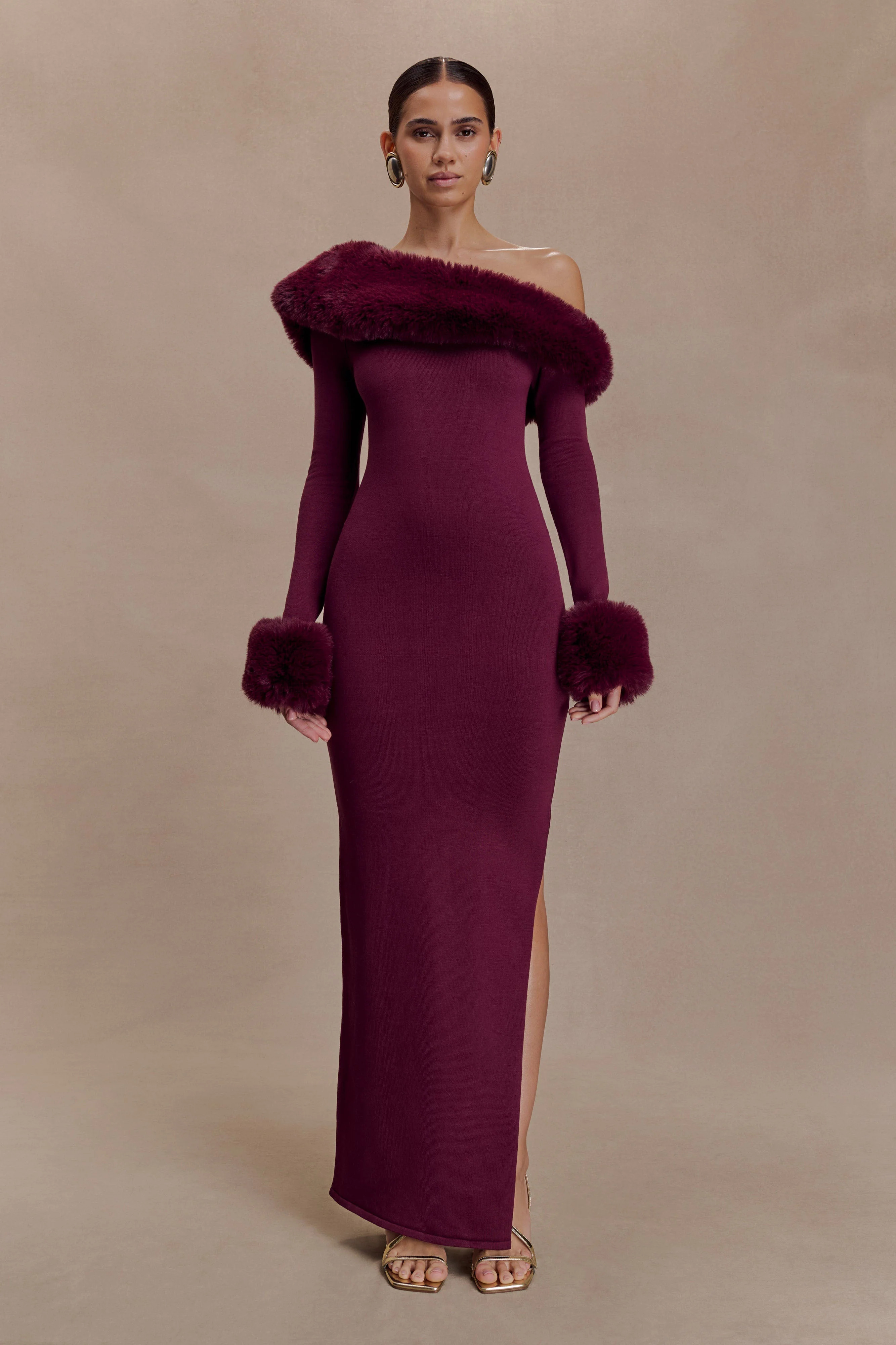 Karleigh Faux Fur Knit Maxi Dress - Plum | MESHKI US