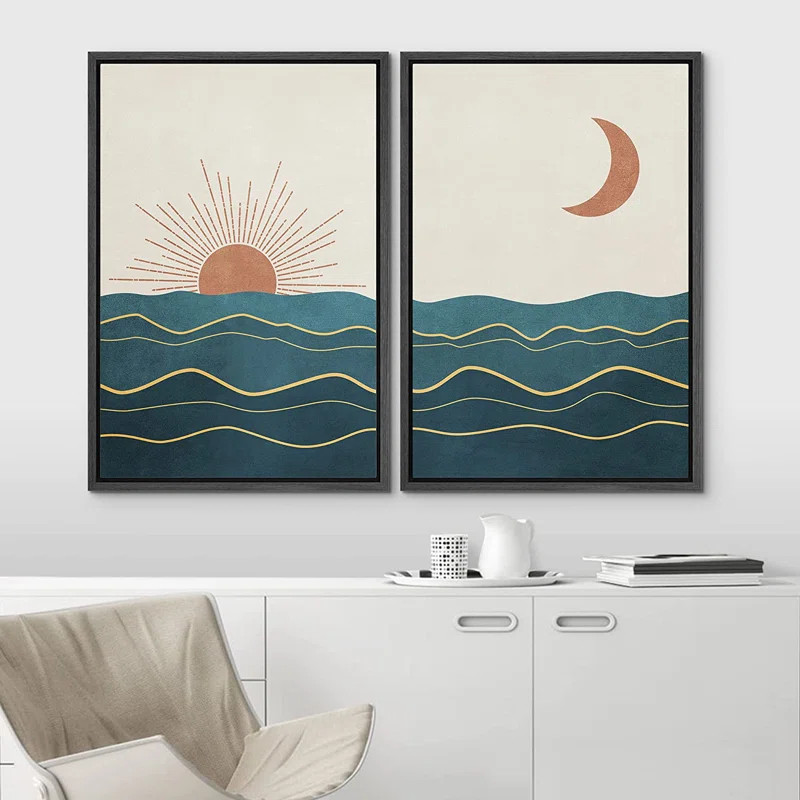 Shining Sun And Crescent Moon Over Teal Ocean Waves Framed On Canvas 2 Pieces Print | Wayfair North America