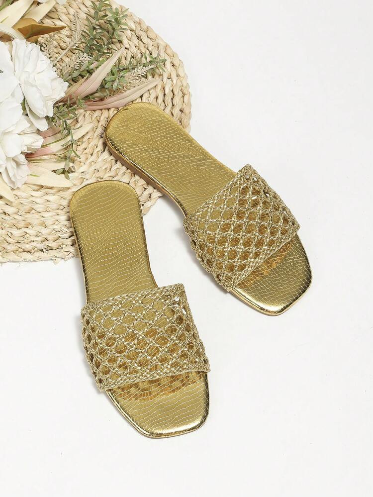 New
     
      Women Metallic Snakeskin Embossed Hollow Out Braided Detail Flat Sandals, Vacatio... | SHEIN