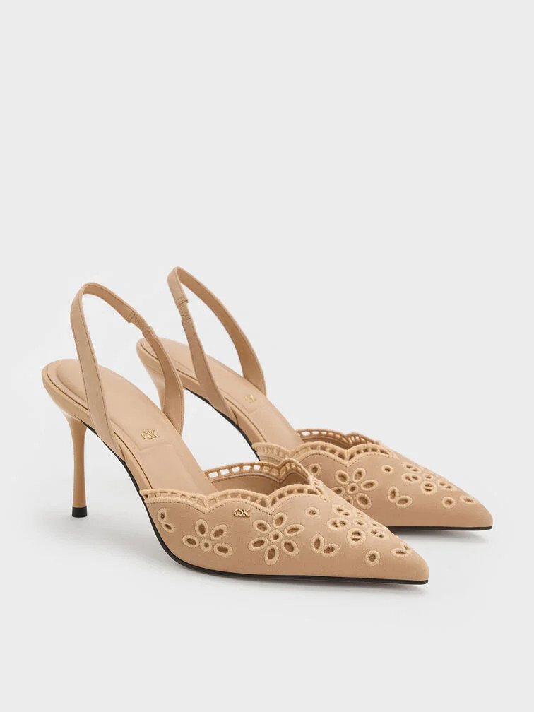 Beige Leather Embroidered Pointed Slingback Pumps | CHARLES & KEITH | Charles & Keith US
