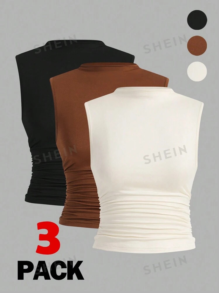 SHEIN Essnce 3pcs Pleated Sleeveless Blouse Tops | SHEIN USA | SHEIN