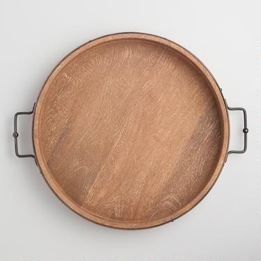 Round Rustic Wood Serving Tray With Iron Handles | World Market