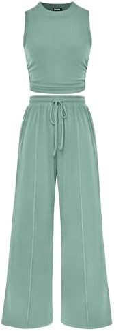BTFBM Summer Outfits For Women 2026 Cropped Sleeveless Tank Tops Wide Leg Pants 2 Piece Sets Beac... | Amazon (US)
