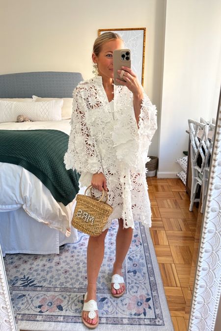 White floral appliqué coverup, Over the Moon one shoulder bow swimsuit, floral drop earrings, white Jack Rogers sandals, and Mrs. raffia tote 🤍

#LTKwedding #LTKtravel #LTKswim