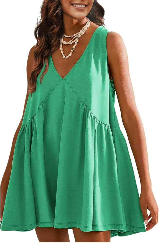 OPCAKM Women's V Neck Sleeveless Mini Dress Pleated Sundress | Amazon (US)