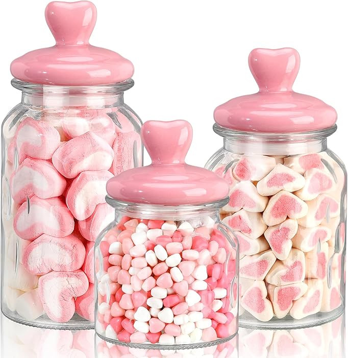 Vesici 3 Pcs Valentine's Day Pink Cookie Jars Candy Glass Jars with Heart Lids 22 32 45 oz Clear ... | Amazon (US)