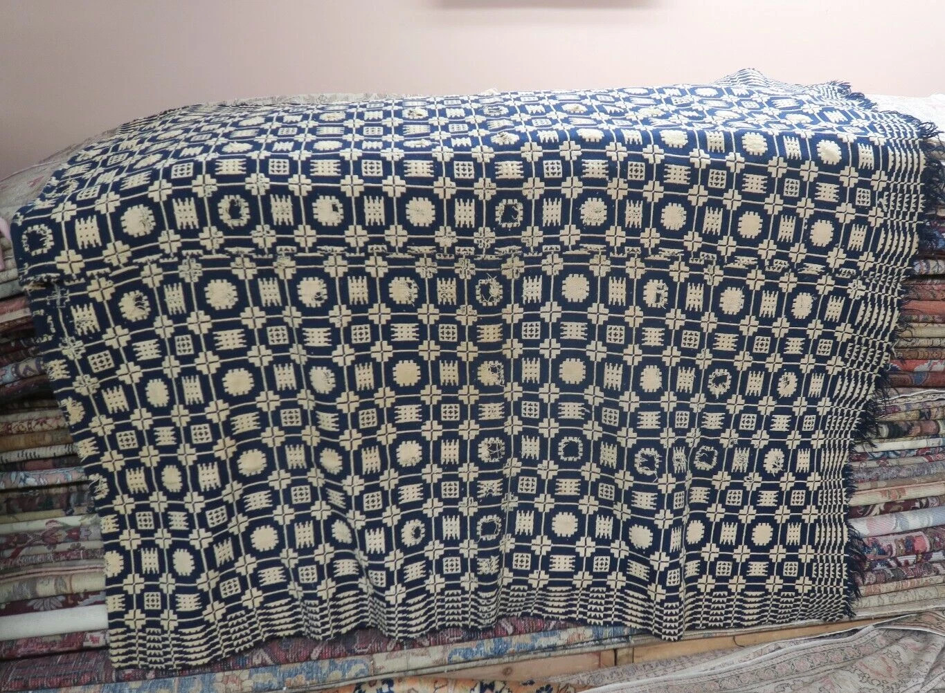Antique Blue & White Jacquard Woven Wool Coverlet Americana  54" x 72" Homespun  | eBay | eBay US
