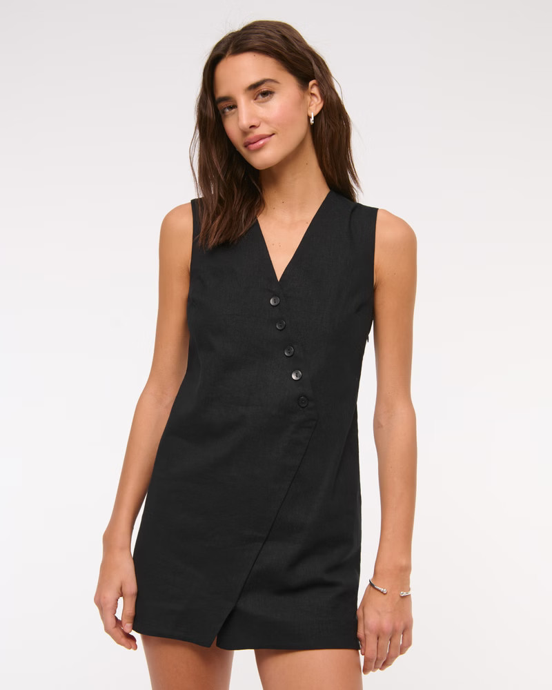 Linen-Blend V-Neck Button Mini Dress | Abercrombie & Fitch (US)