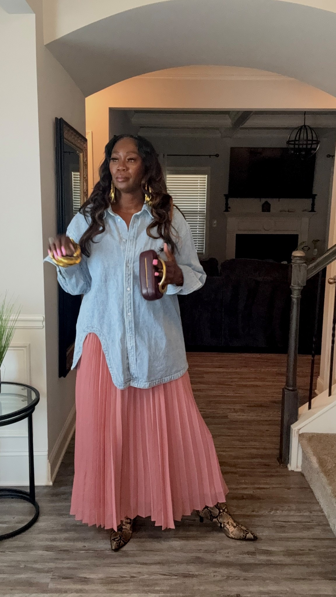 OOTD: Denim and sheer pleated skirt 

#LTKOver40 #LTKootd #LTKMidsize