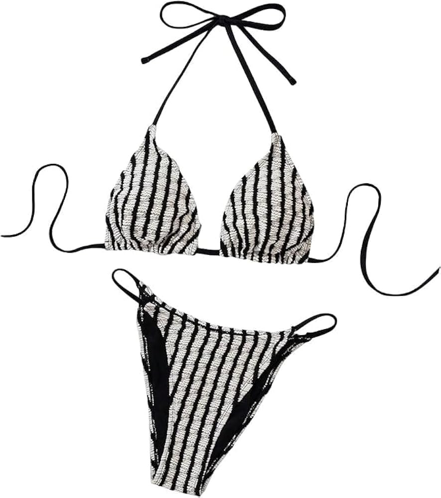 SHENHE Women's 2 Piece Striped Halter High Waist Tie Back Textured Sexy Bikini Set with Thong | Amazon (US)