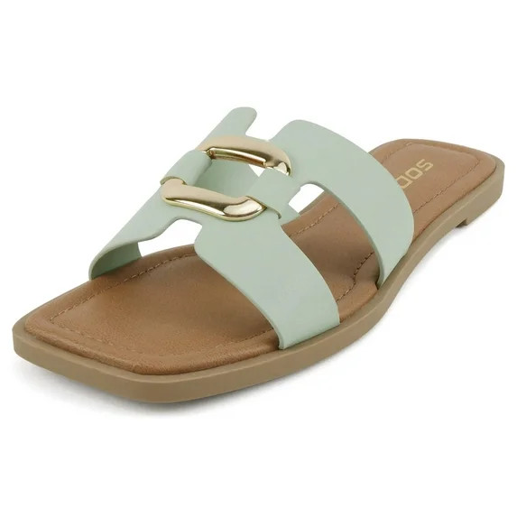 Soda Shoes Women Slip-On Sandals H-Band Flat Flip-Flops Slides Gold Buckle Square Toe FENG-S Ligh... | Walmart (US)