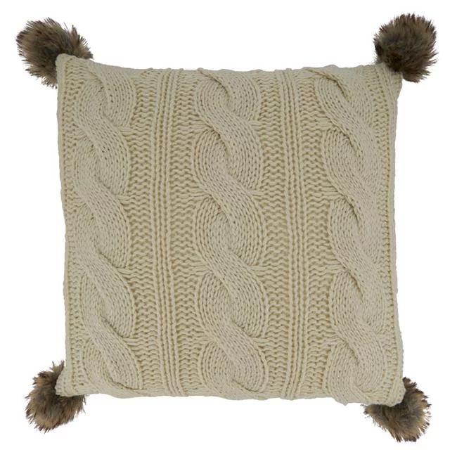 18 in. Cable Knit Pom Pom Poly-Filled Throw Pillow, White | Walmart (US)