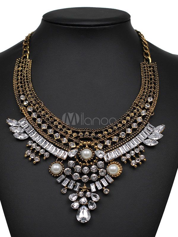 Silver Boho Necklace Women's Rhinestones Beaded Statement Necklace | Milanoo