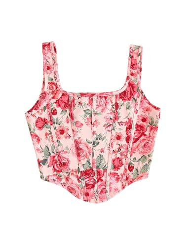 SHENHE Women's Floral Croset Top Square Neck Vintage Renaissance Summer Going Out Bustier Crop Tops Rose Pink Small | Amazon (US)