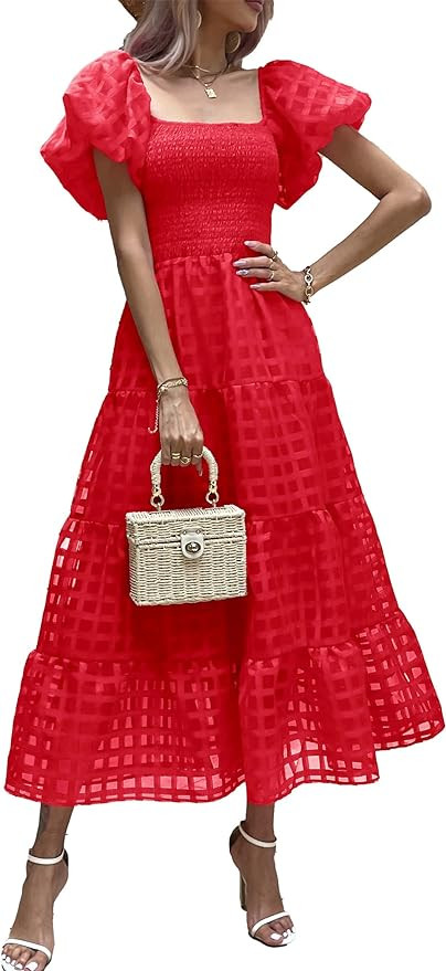 PRETTYGARDEN Women's Casual Summer Midi Dress Puffy Short Sleeve Square Neck Smocked Tiered Ruffl... | Amazon (US)