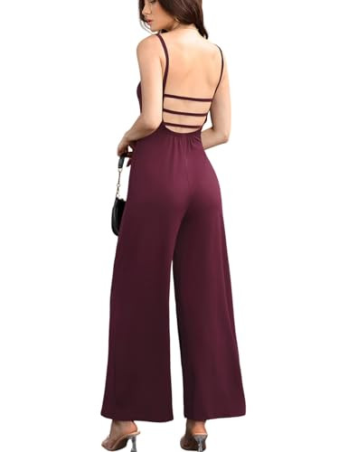 OYOANGLE Women's Backless Sleeveless Jumpsuits Wide Leg Rompers Spaghetti Strap Overalls Summer Outfits Burgundy Medium | Amazon (US)