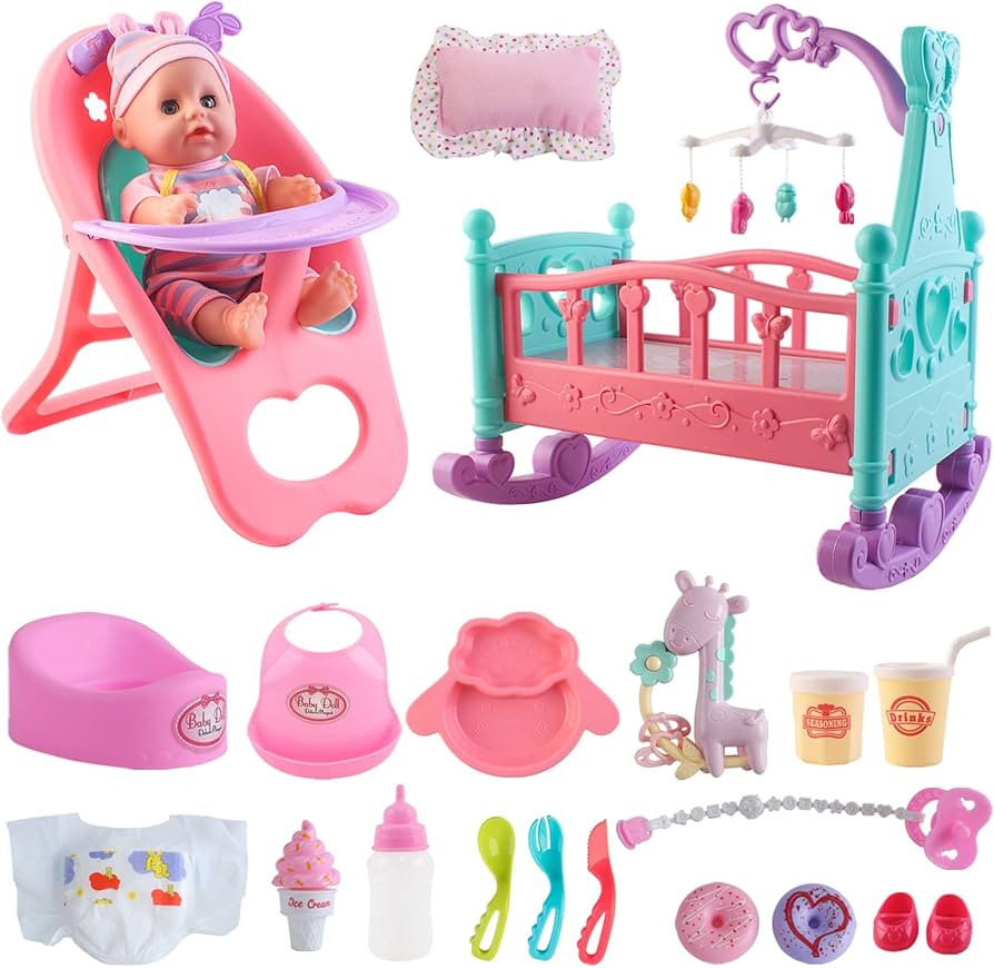 deAO 12” Baby Doll Play Set with Crib, Mobile, High Chair Feeding Accessories, Interactive Dolls for | Amazon (US)